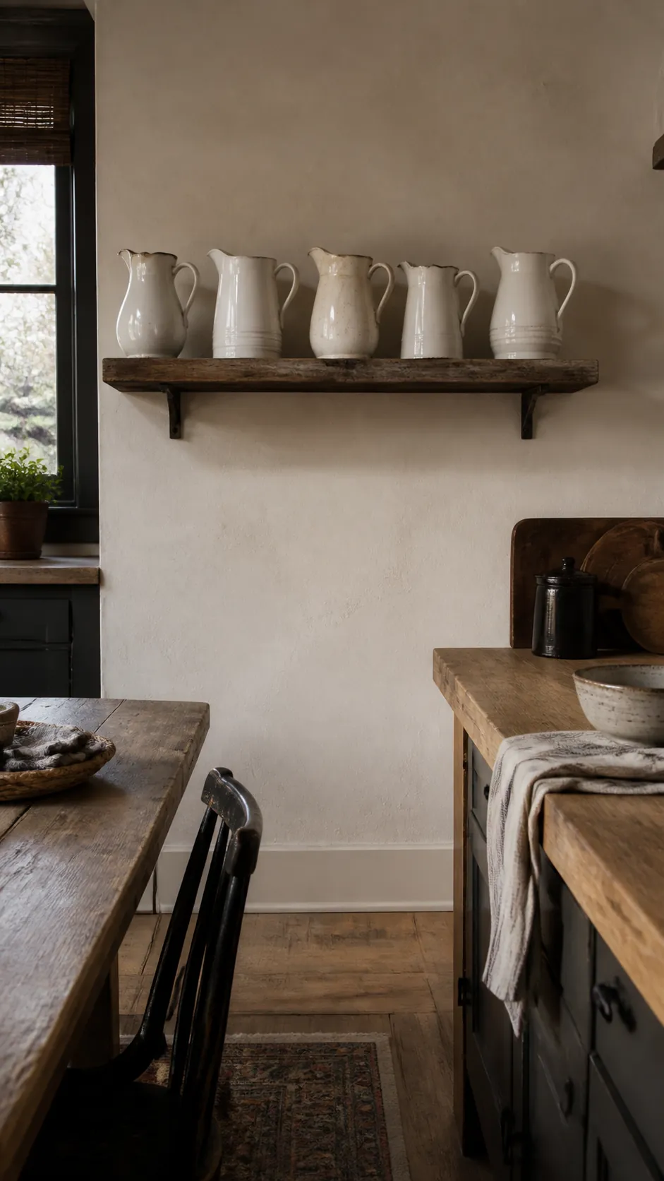 Ironstone Pitcher Row styled as rustic kitchen wall decor