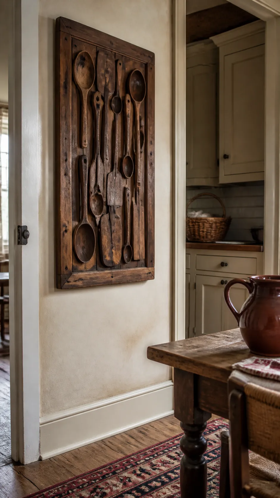 Carved Wood Utensil Panel styled as rustic kitchen wall decor