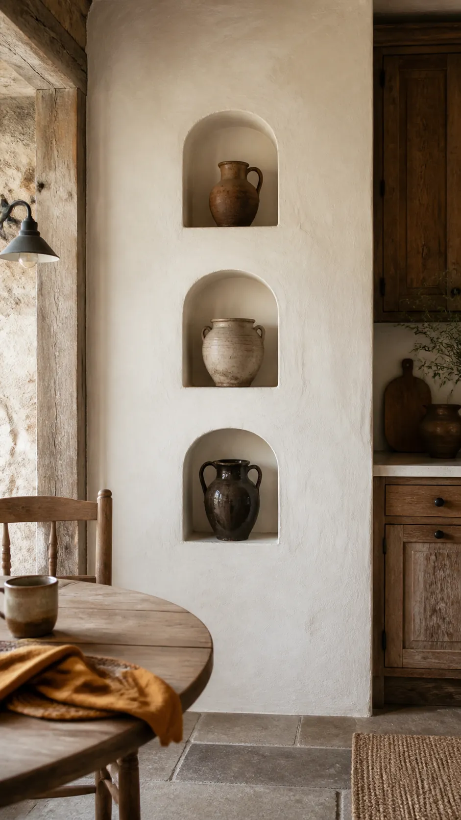 Plaster Niche Collection styled as rustic kitchen wall decor