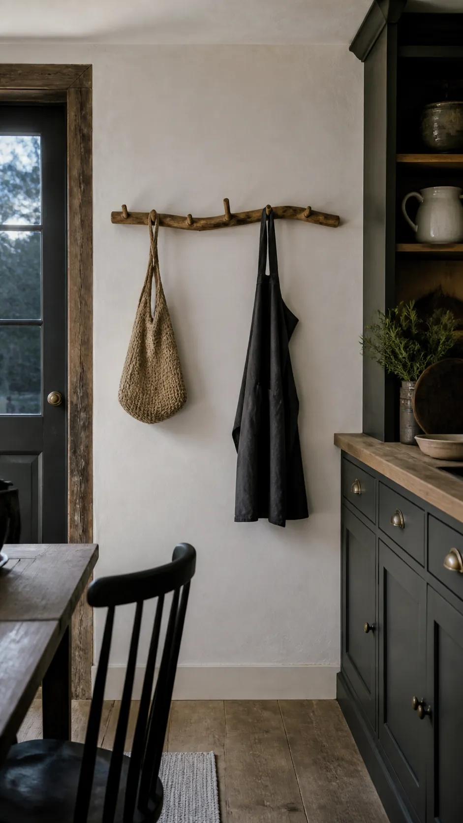 Branch Peg Rack styled as rustic kitchen wall decor
