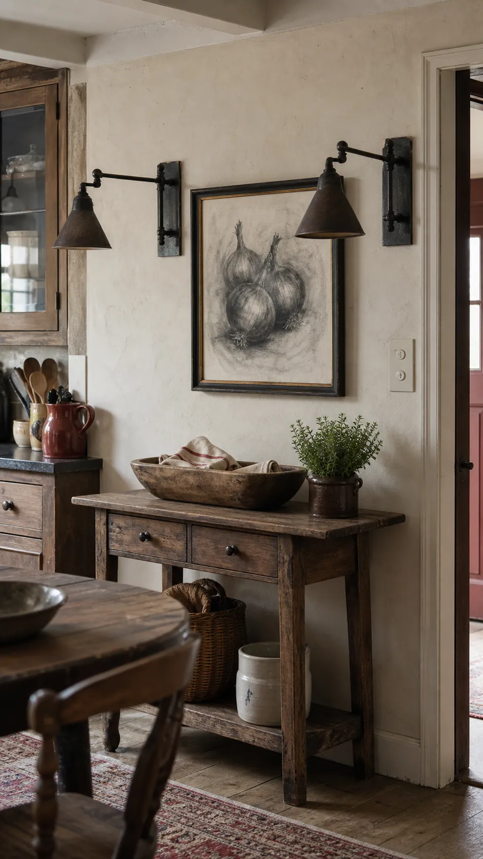 Rustic Sconce Pair styled as rustic kitchen wall decor