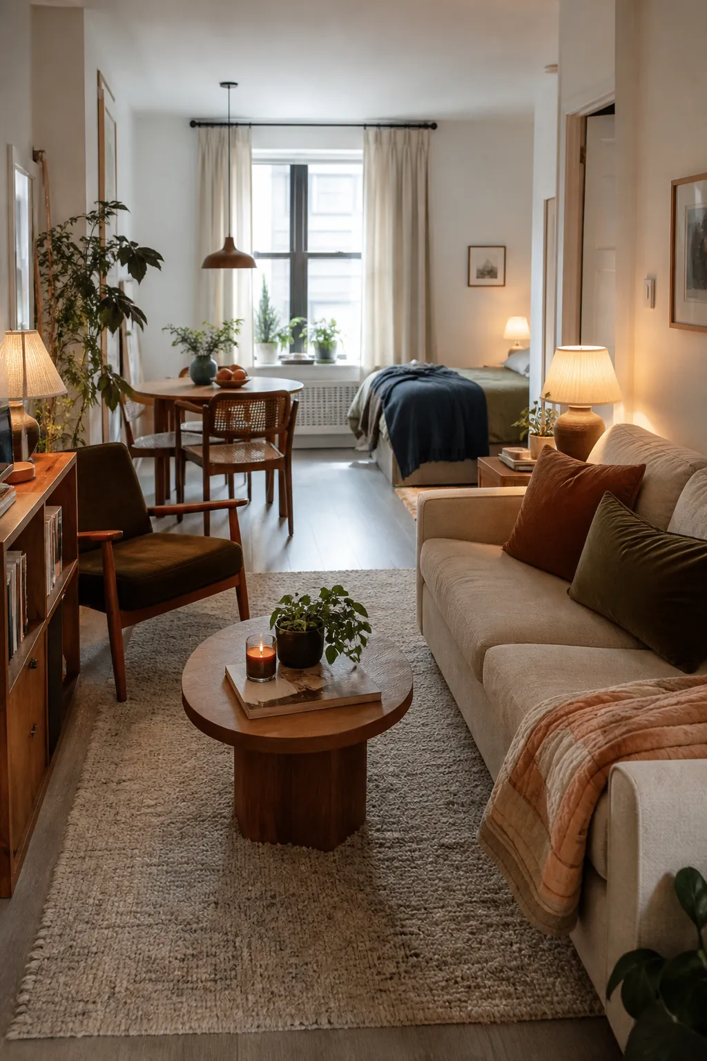 Warm layered lighting and textures in a cozy compact studio apartment