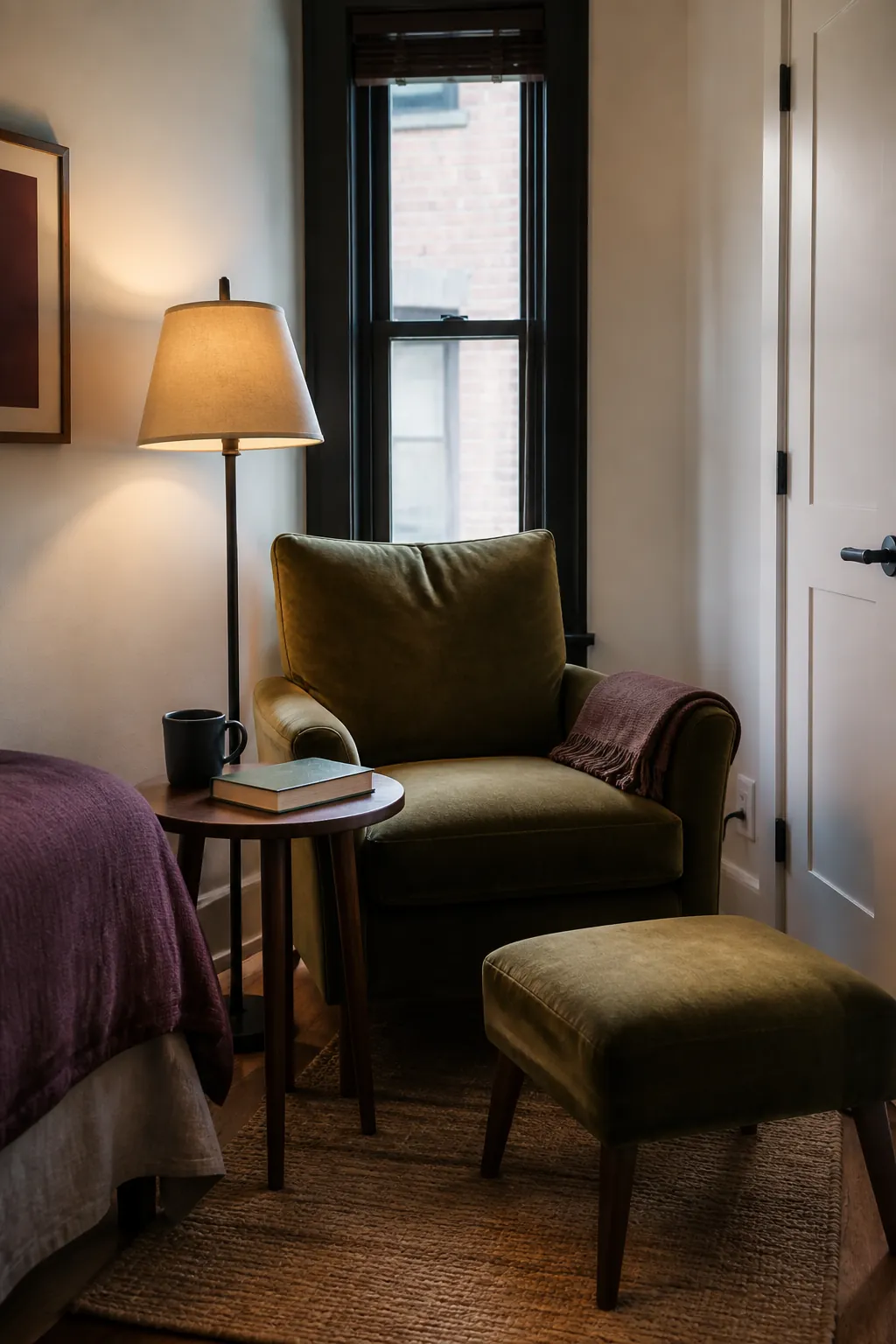 Compact reading cocoon with chair lamp and soft throw