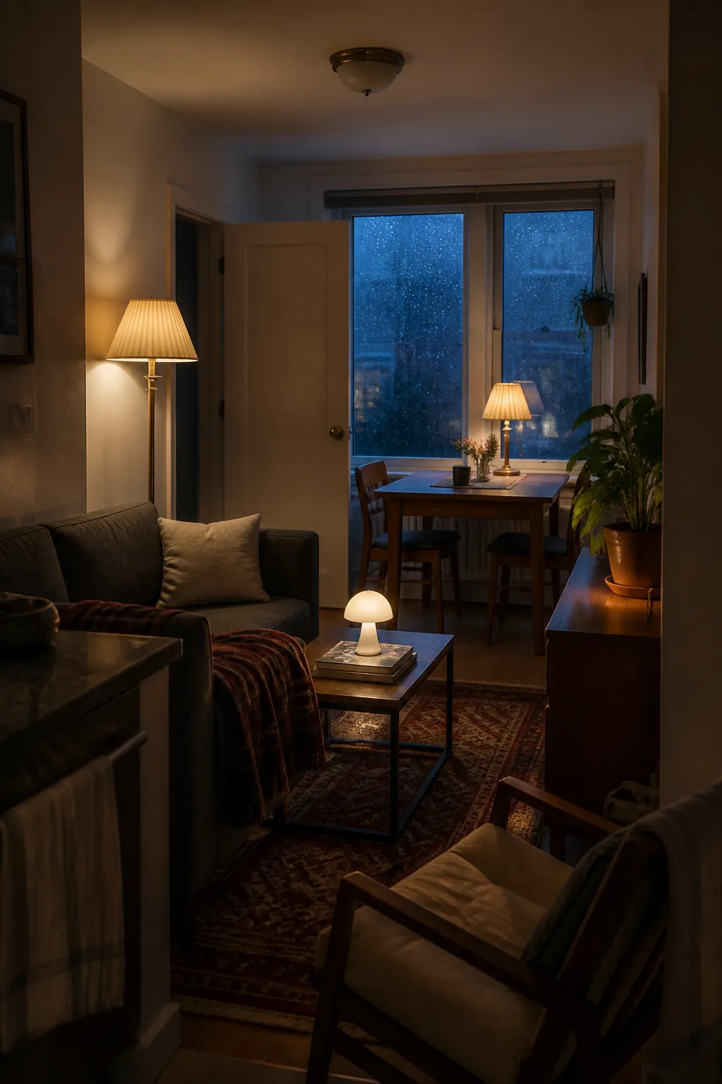 Three warm lamps creating a cozy small apartment living room