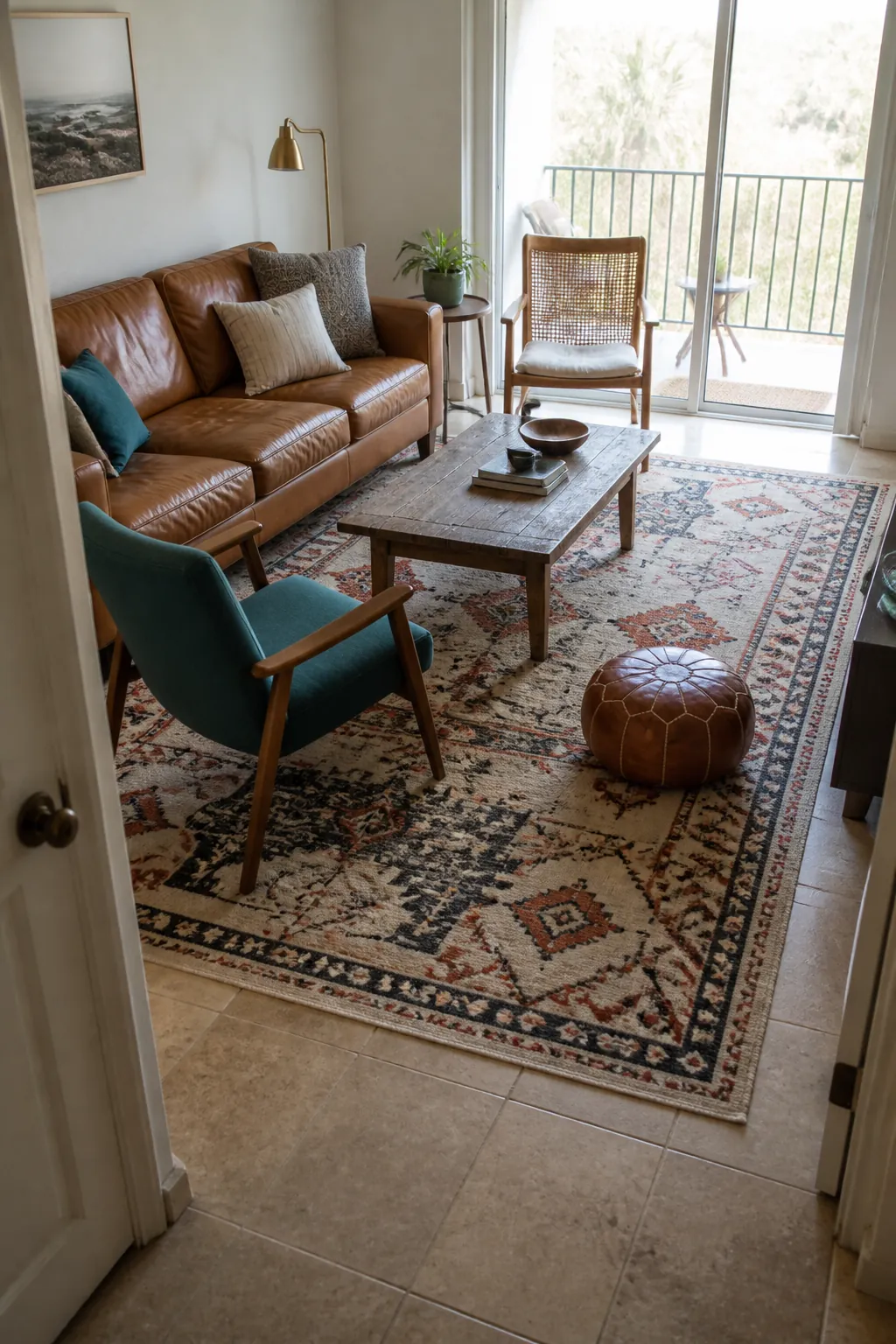 Generous textured rug grounding a cozy small apartment sofa