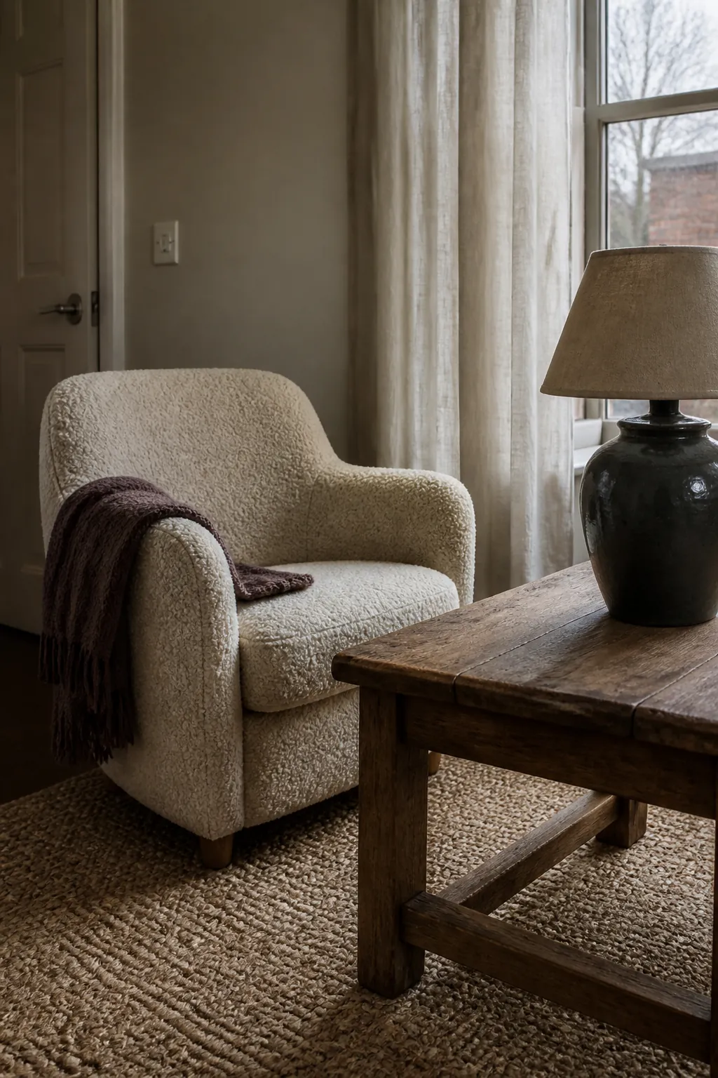 Boucle ceramic and wood textures in a cozy apartment corner