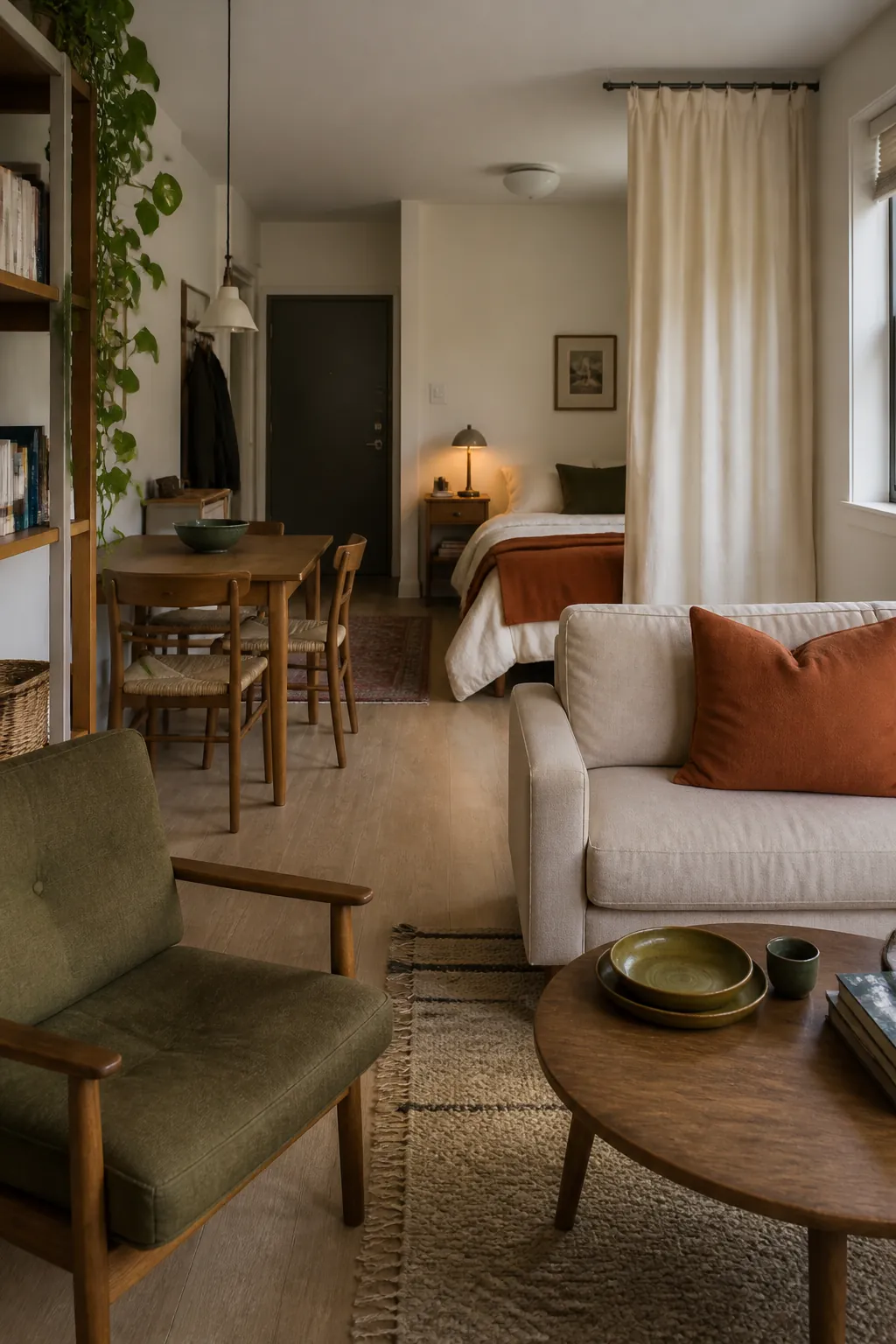 Rust and olive accents connecting a cozy studio apartment