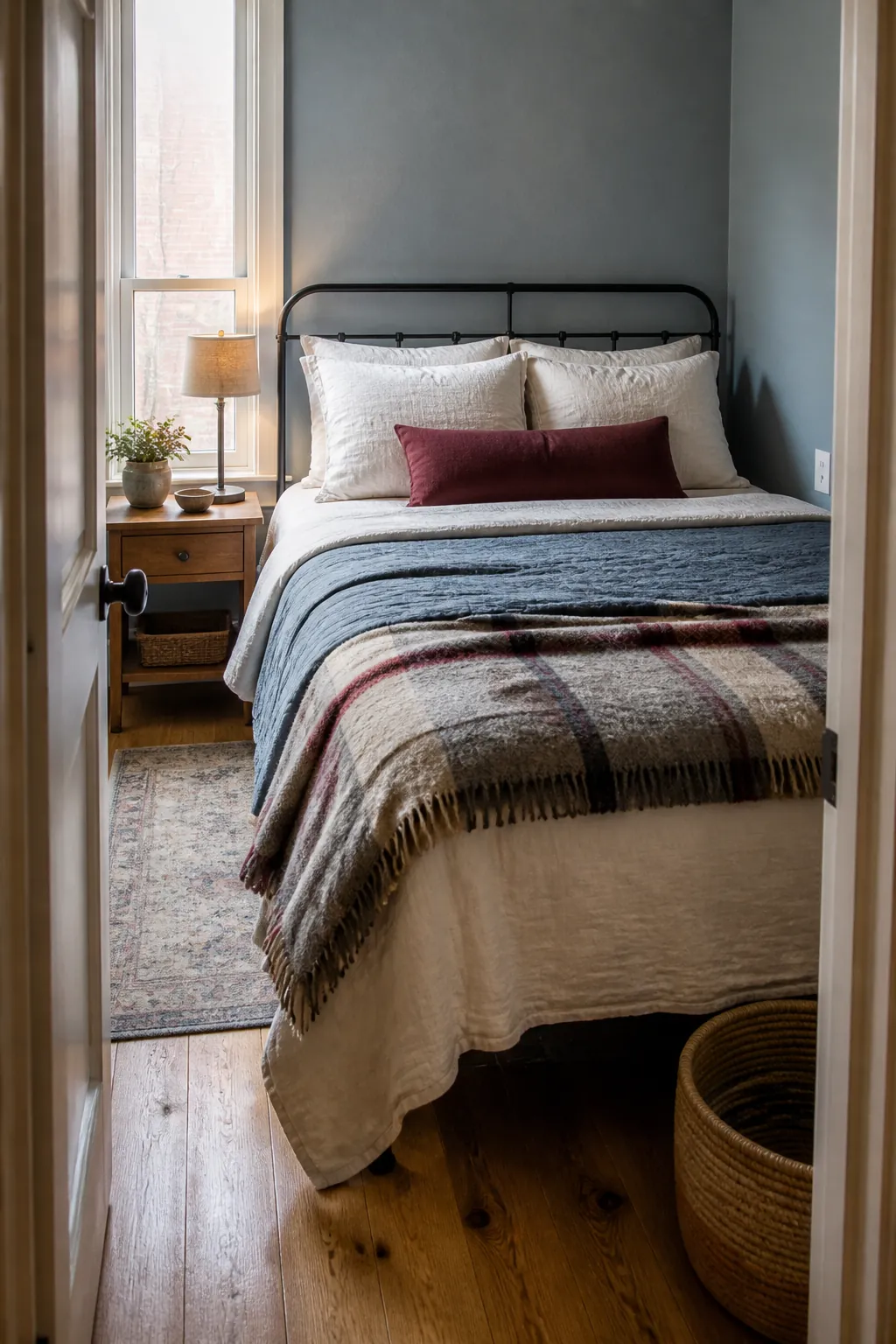 Layered breathable bedding in a cozy small apartment bedroom