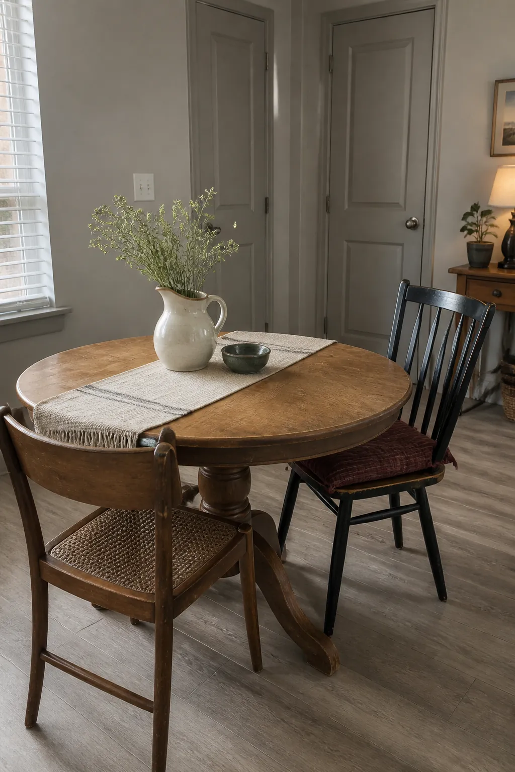 Worn wood table adding warmth to a small gray rental apartment