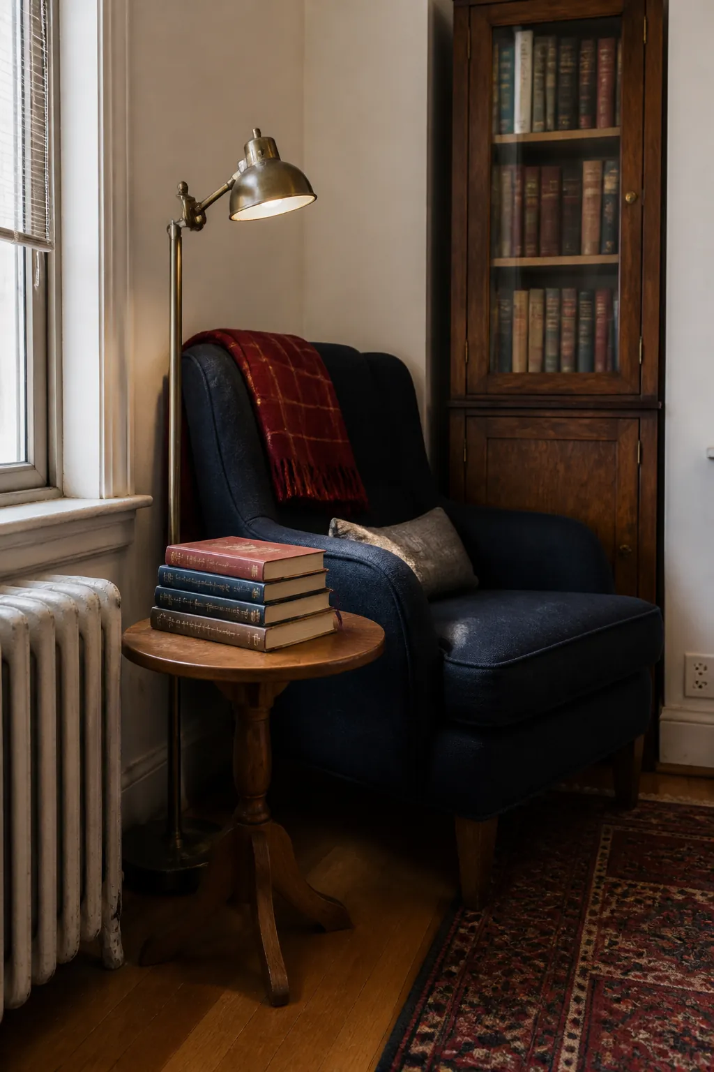 Books arranged beside a cozy reading chair in a small apartment