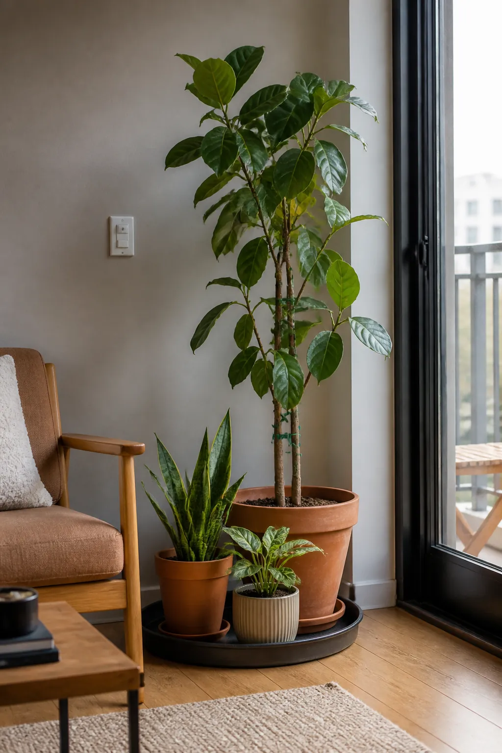 Grouped houseplants creating a green cozy apartment corner
