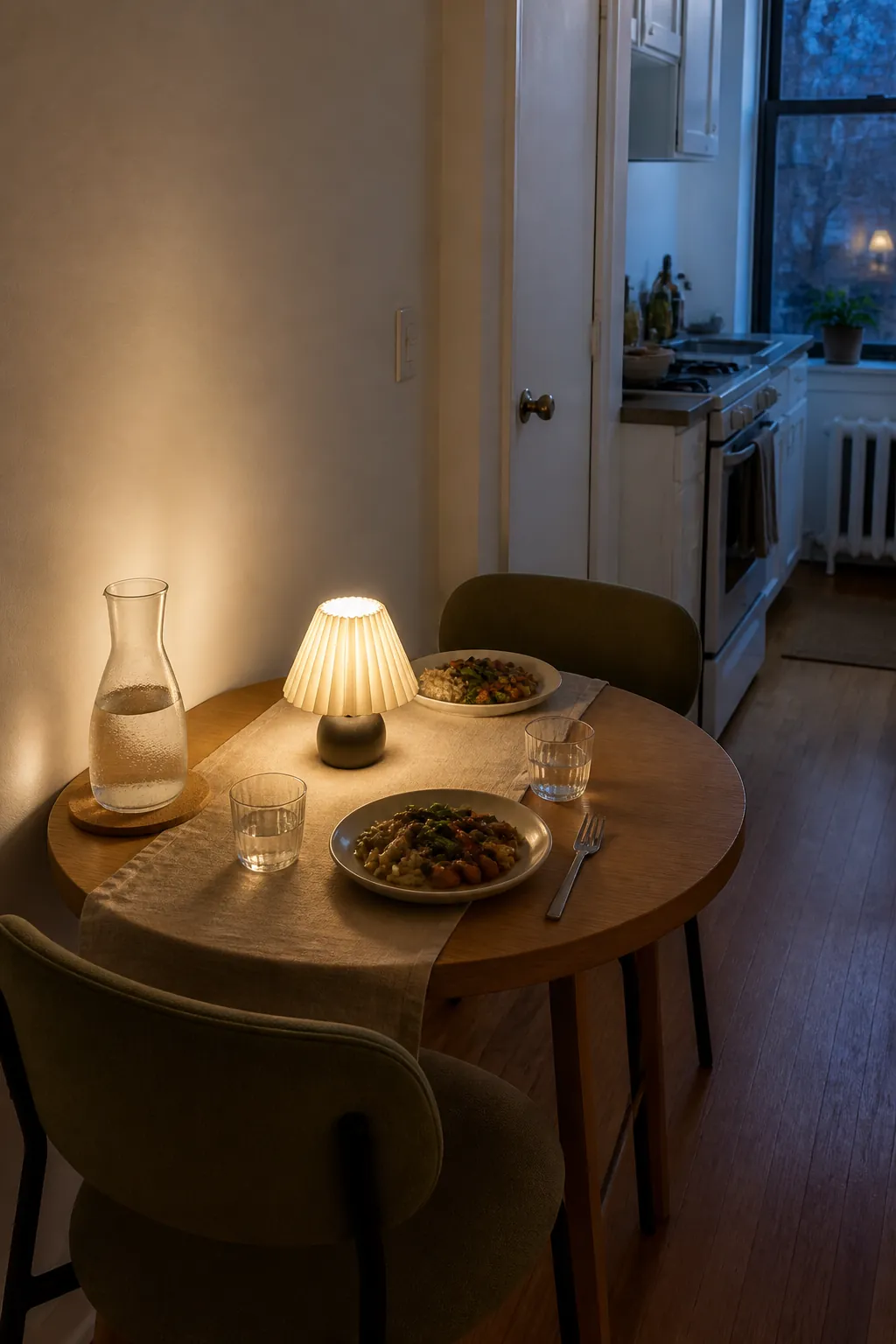 Intimate warm-lit dining nook in a small apartment