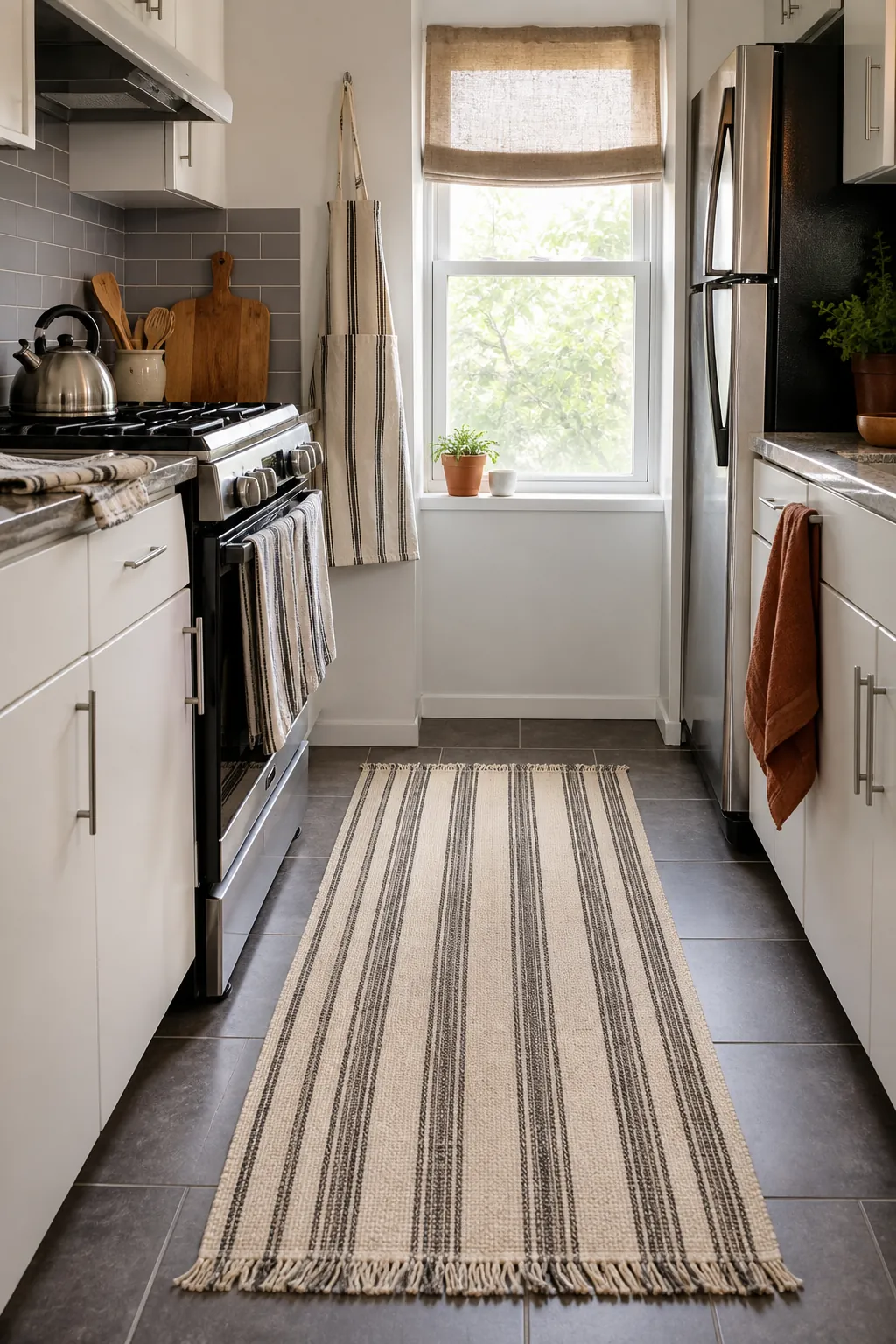 Useful warm textiles softening a tiny apartment kitchen