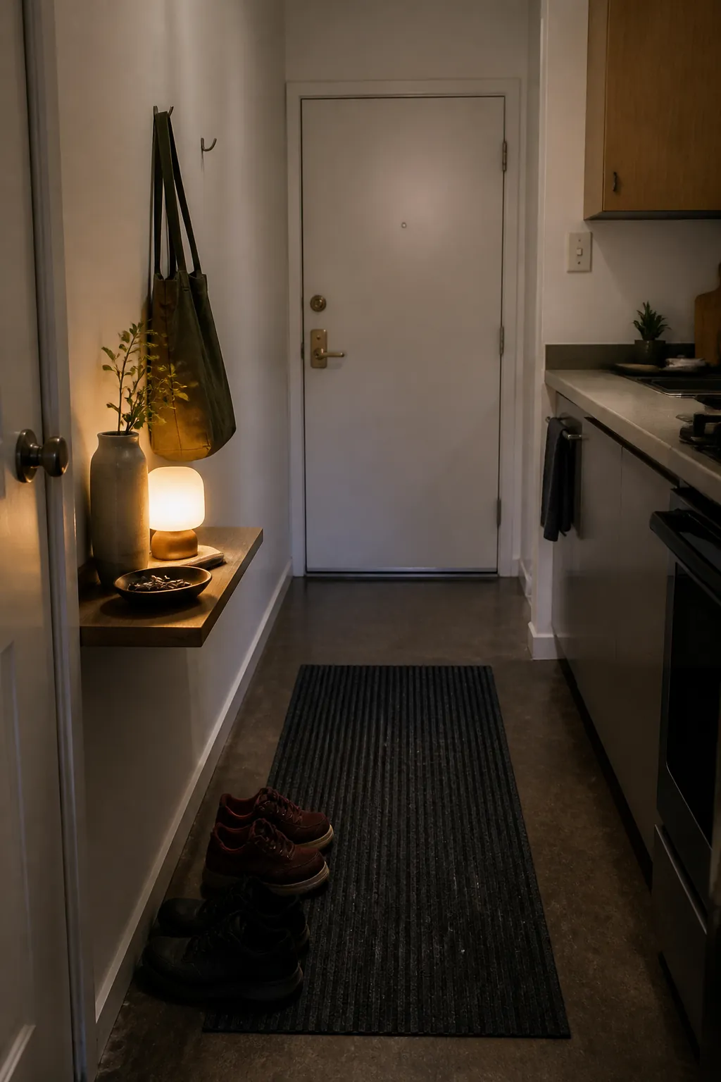 Warm lamp and practical landing spot in a tiny apartment entry