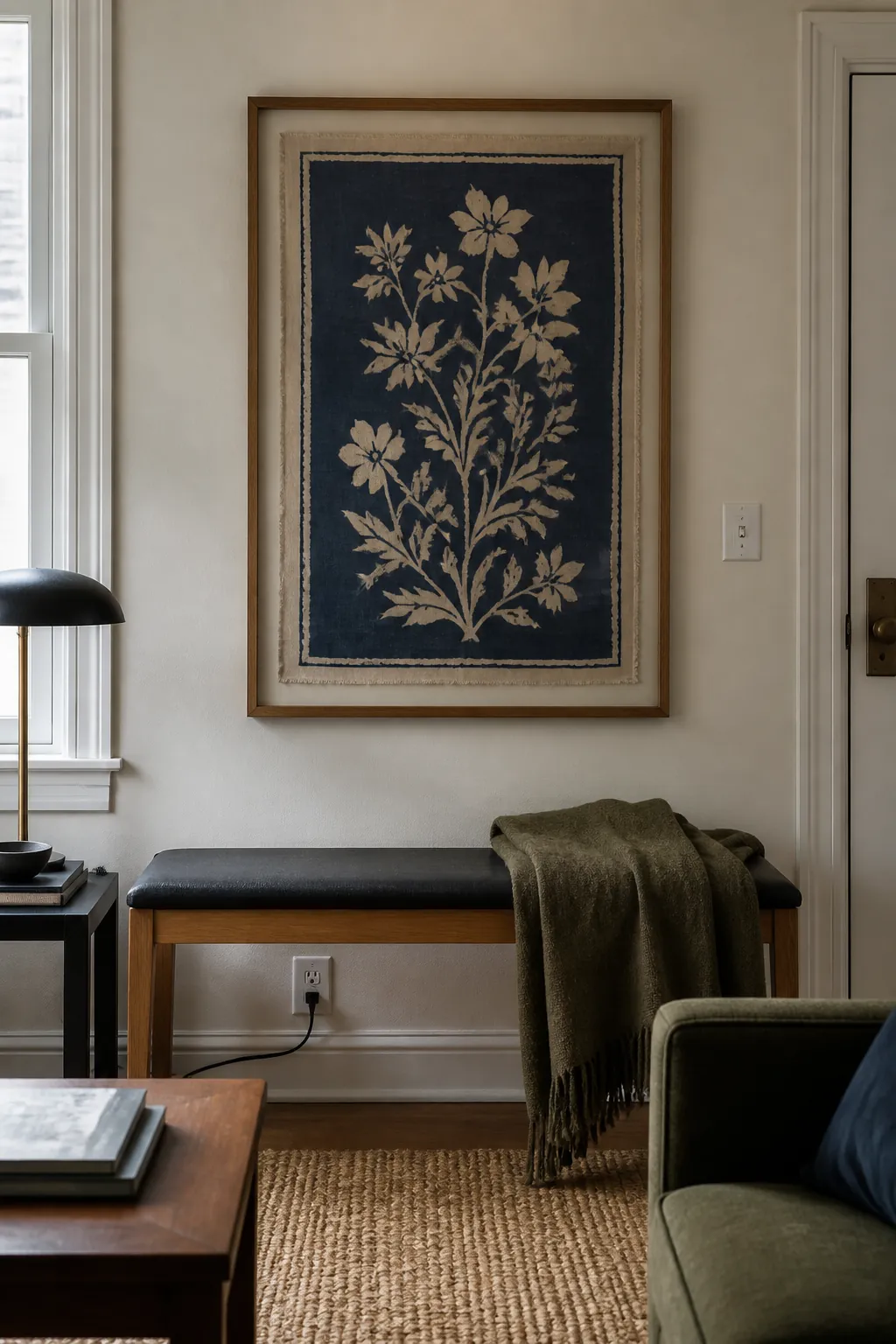 Framed botanical block-print textile warming a small rental wall