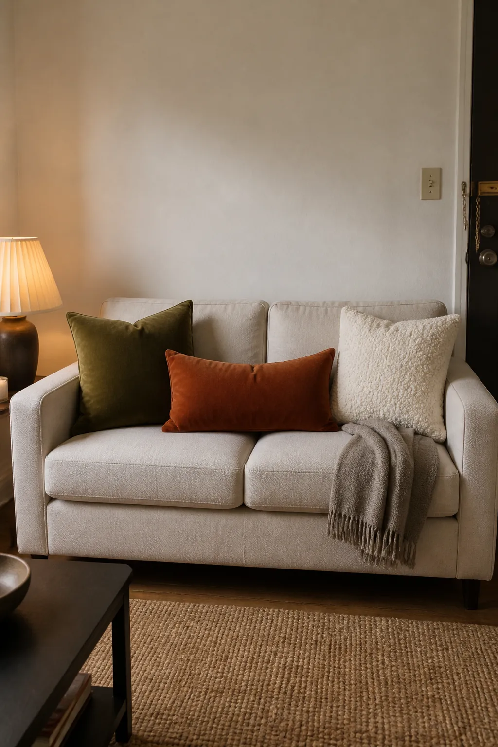 Three well-chosen cushions making a compact sofa cozy