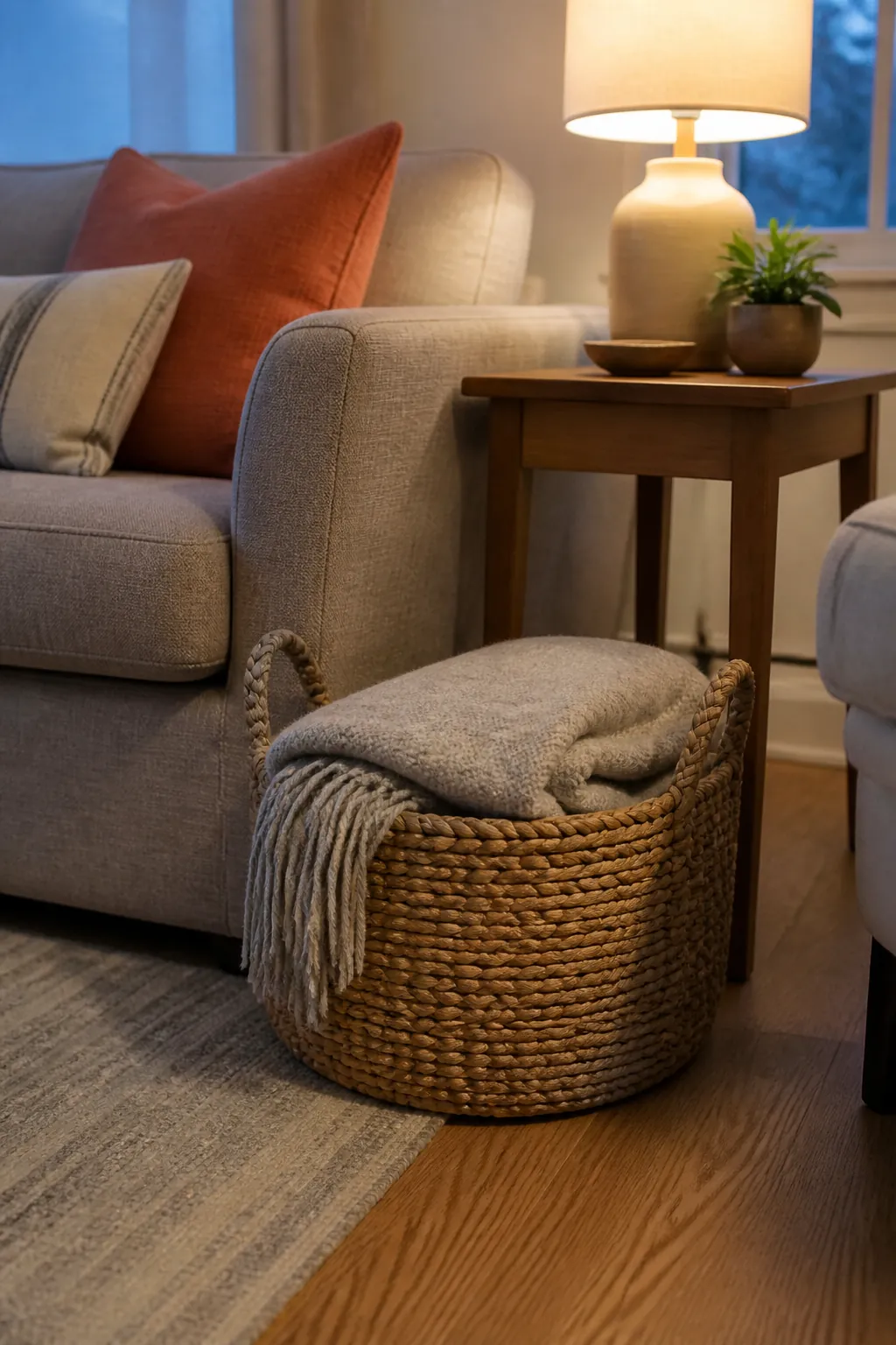Purposeful woven basket holding one throw beside a small sofa