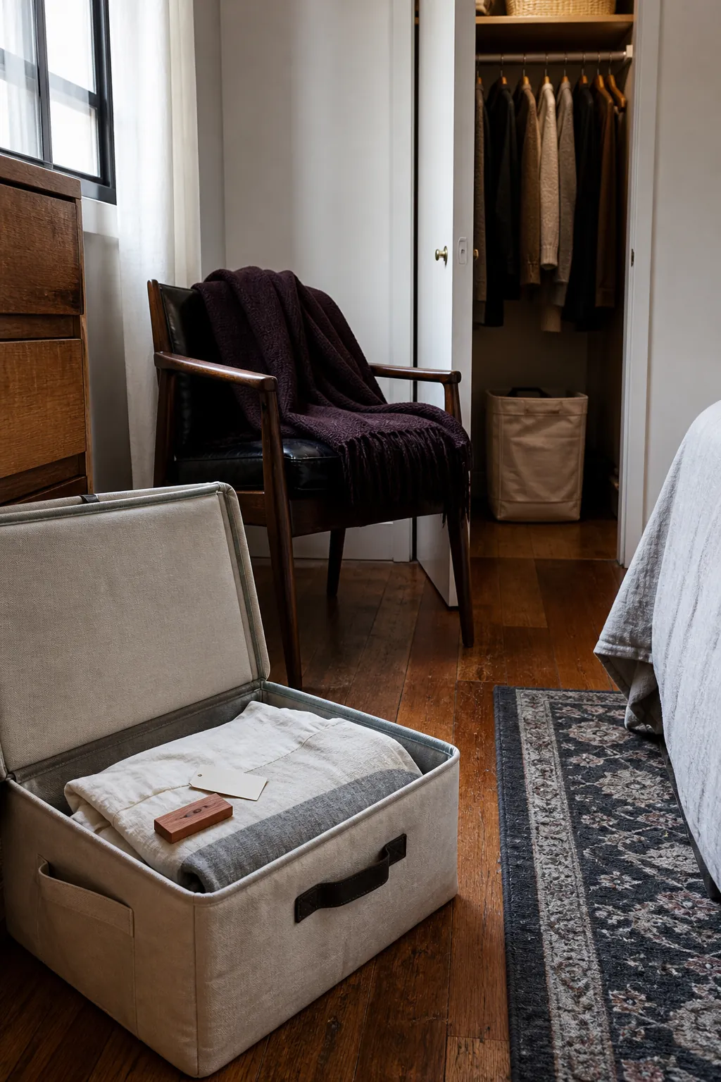 Seasonal textile basket and warm throw in a small apartment