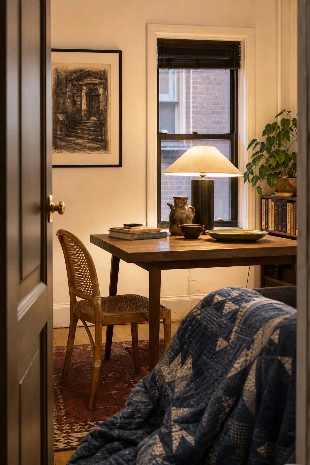 Personal objects and warm evening light in a lived-in small apartment