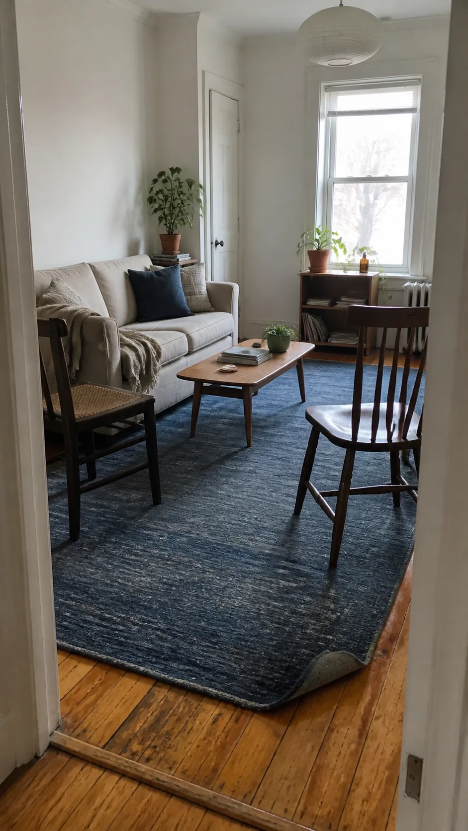 use one large secondhand rug in a small apartment on a budget