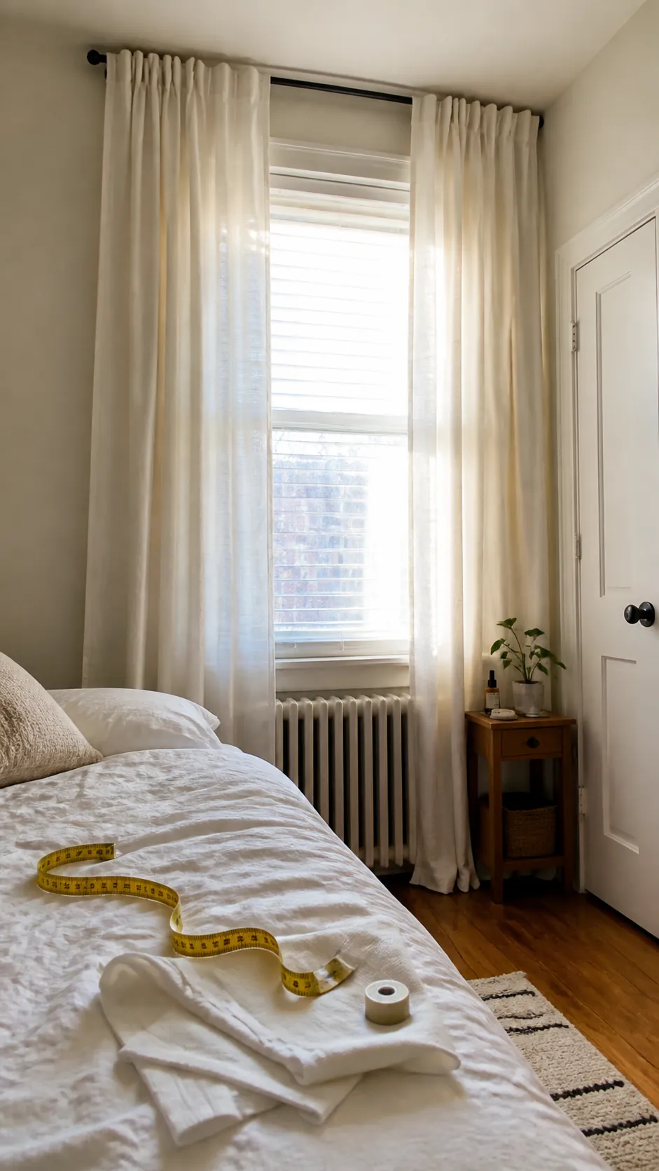 hang curtains high and wide in a small apartment on a budget