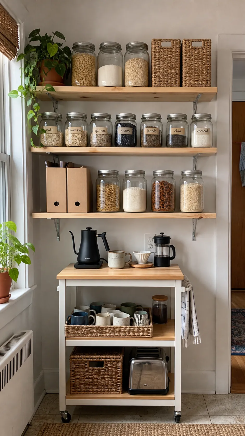 style open storage with repetition in a small apartment on a budget