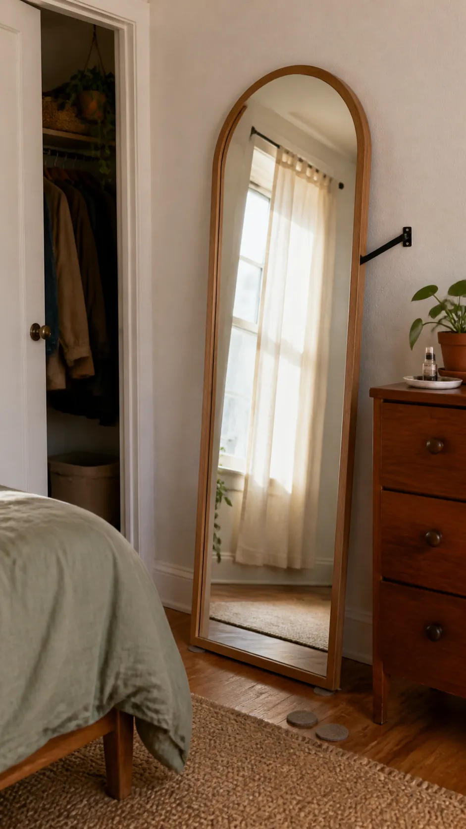 prop a full-length mirror safely in a small apartment on a budget