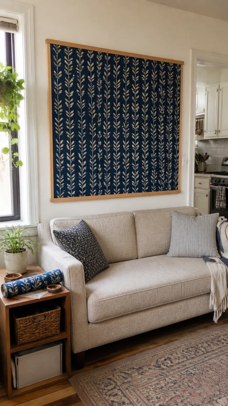 make one diy textile panel in a small apartment on a budget