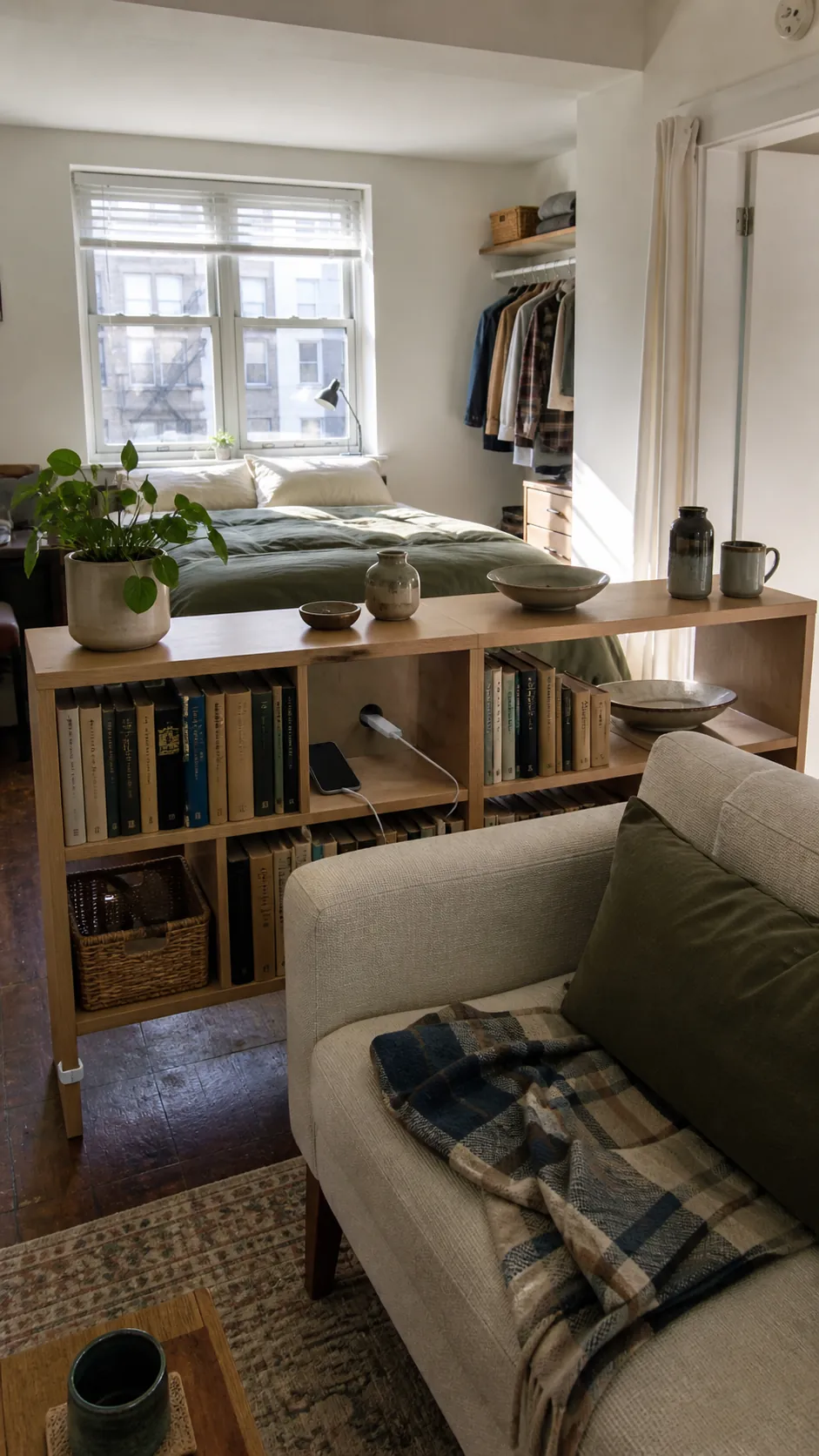 divide a studio with an open shelf in a small apartment on a budget
