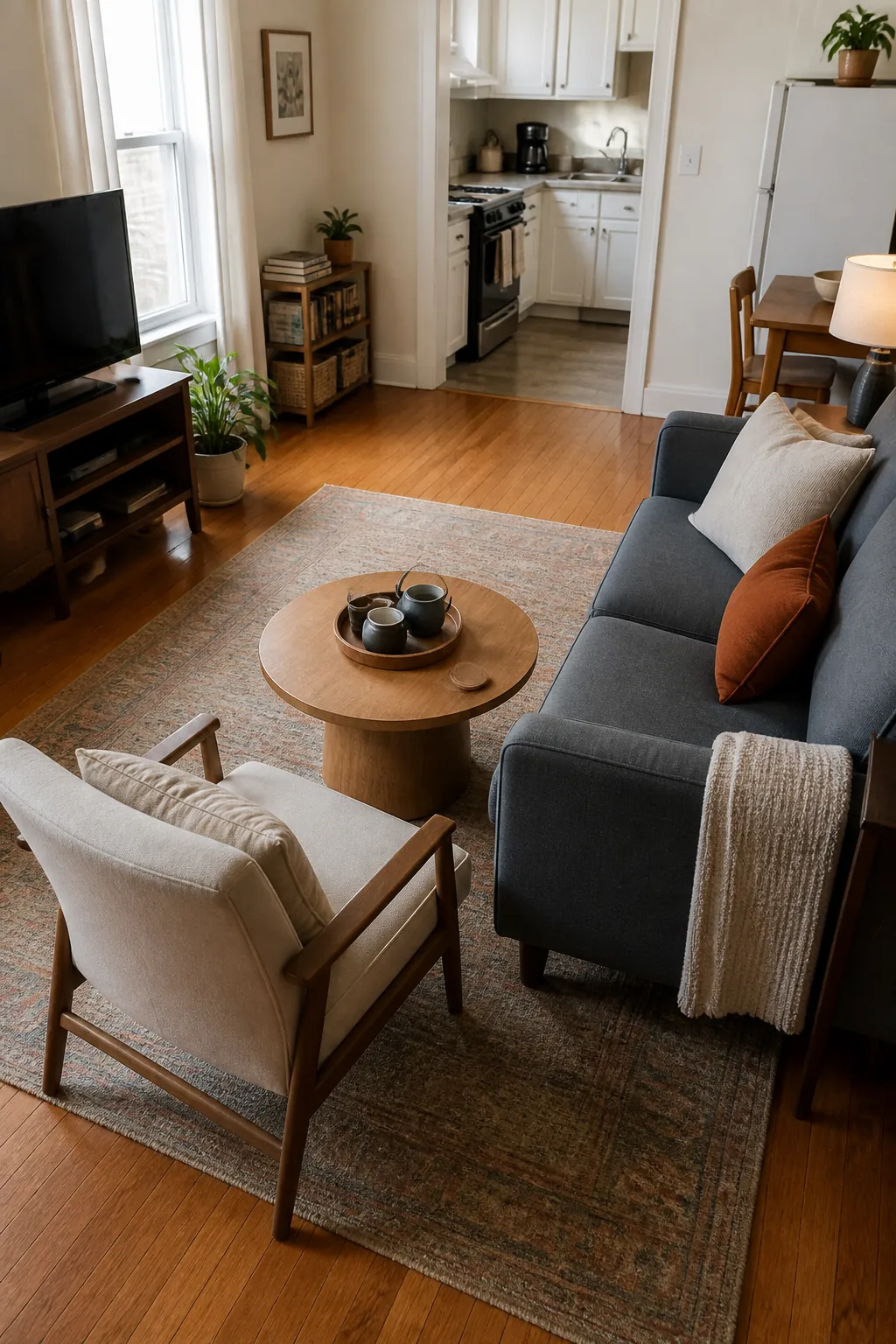 use a round coffee table for small apartment living room decorating