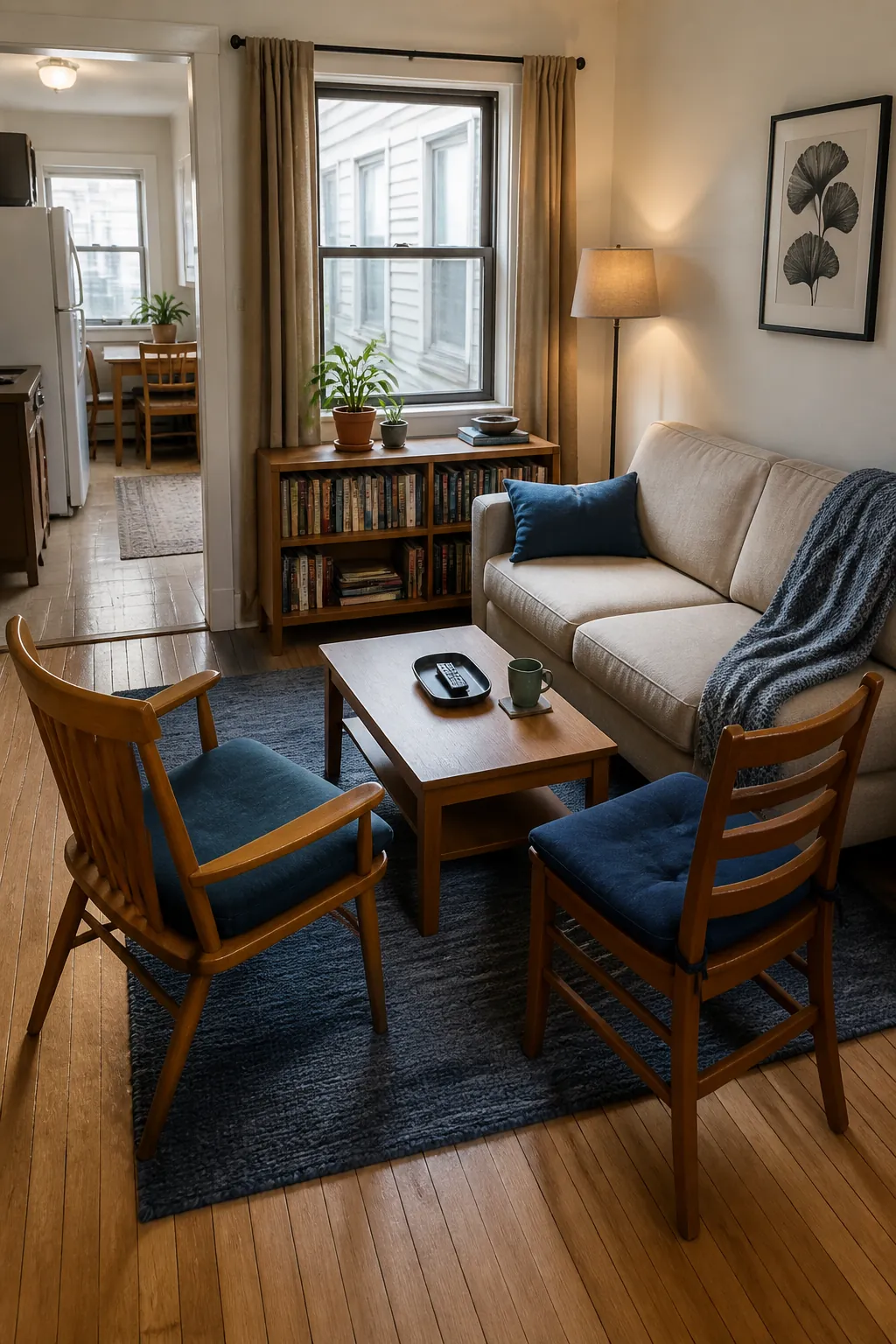 trade a second sofa for two chairs for small apartment living room decorating