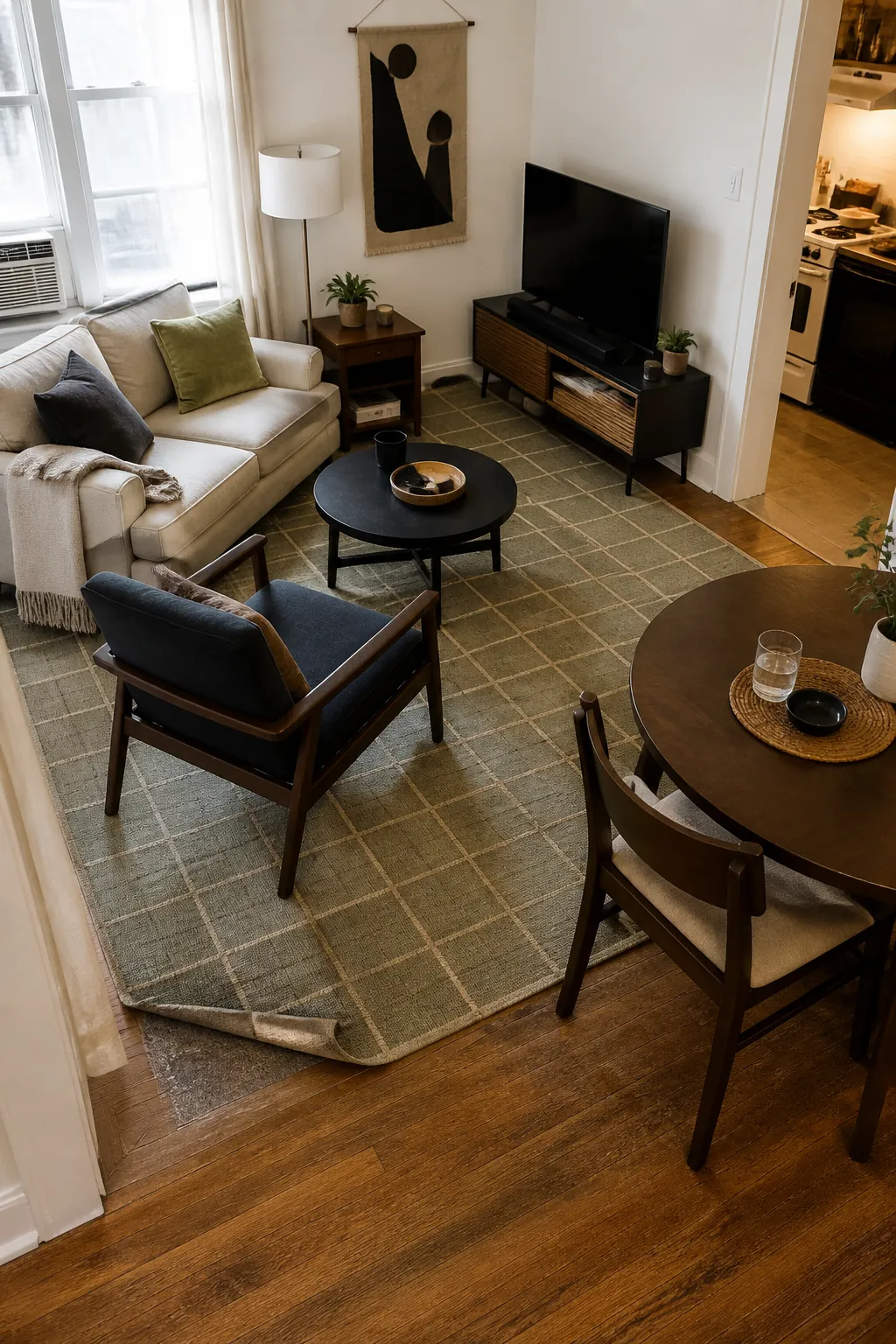 let the rug define the conversation for small apartment living room decorating