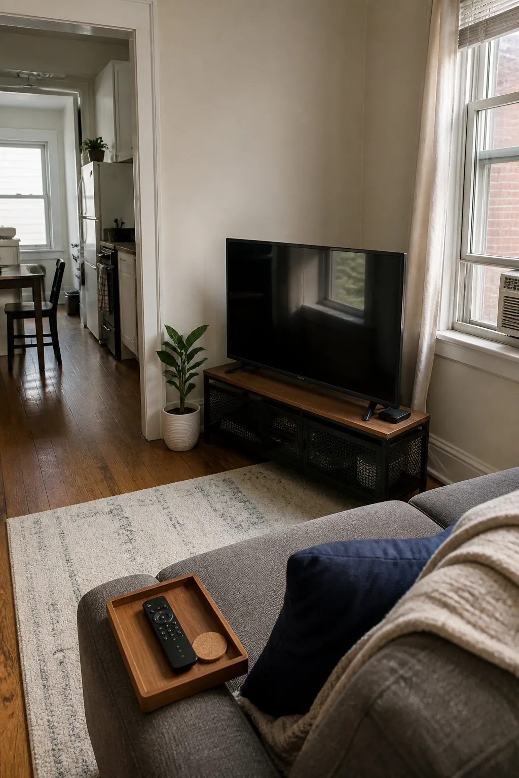 angle the tv away from window glare for small apartment living room decorating
