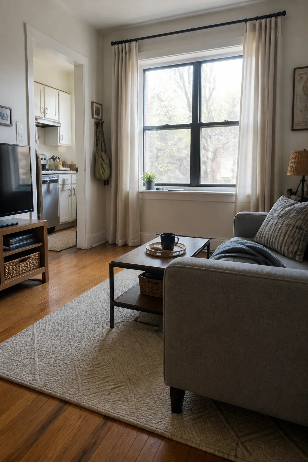 mount curtains beyond the glass for small apartment living room decorating