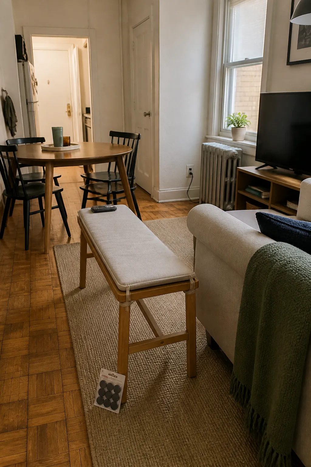 turn the dining bench into extra seating for small apartment living room decorating