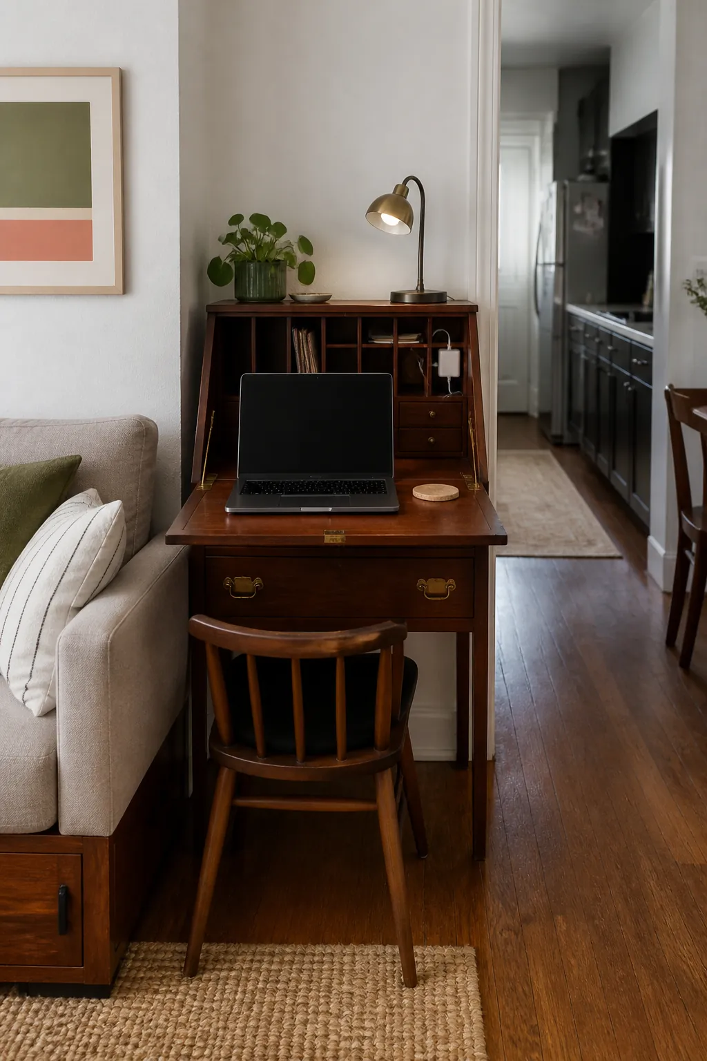 hide work gear in a closing desk for small apartment living room decorating