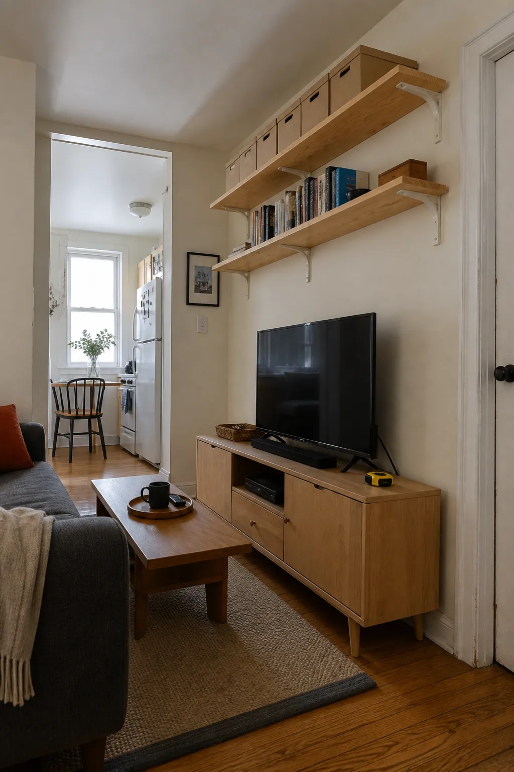 use wall storage above eye level carefully for small apartment living room decorating