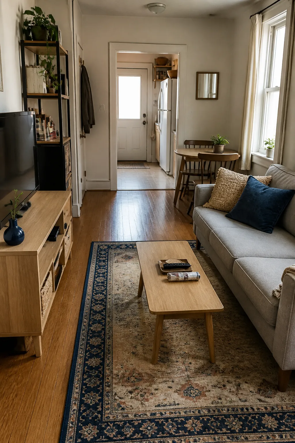 repeat a color in three places for small apartment living room decorating