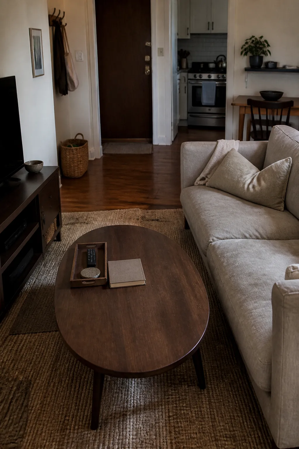 leave one surface mostly empty for small apartment living room decorating