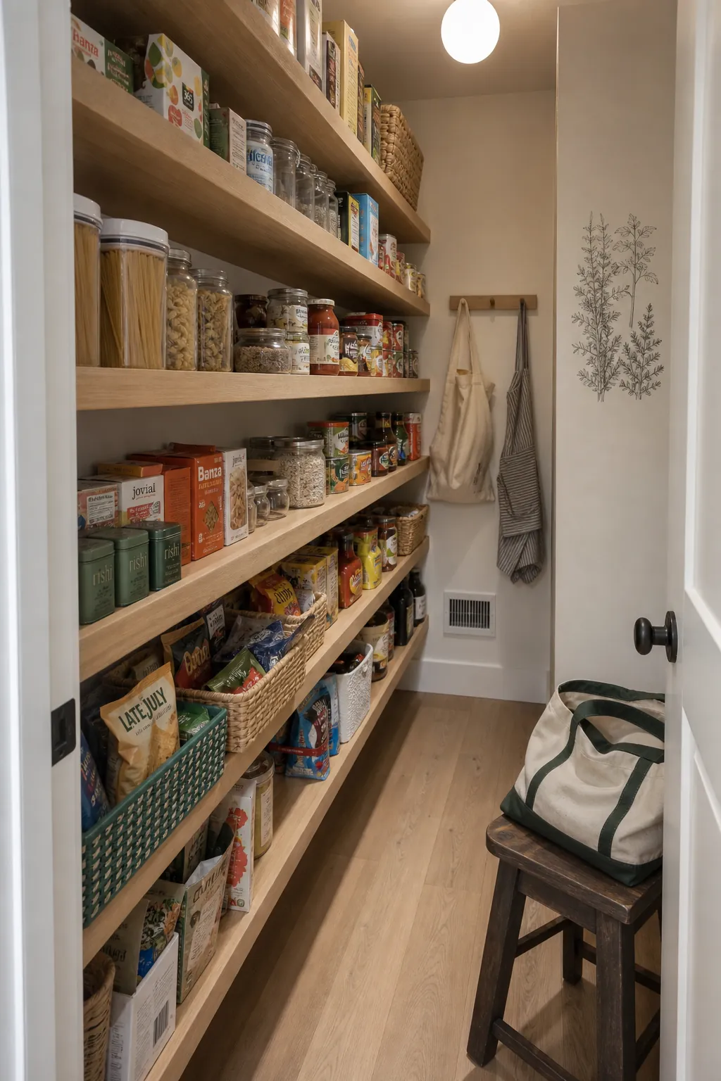 Walk in pantry with shallow shelves displaying everyday food in one visible row