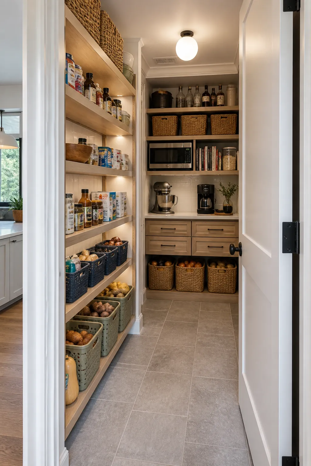 Practical walk in pantry with mixed depth shelves and a clear center aisle