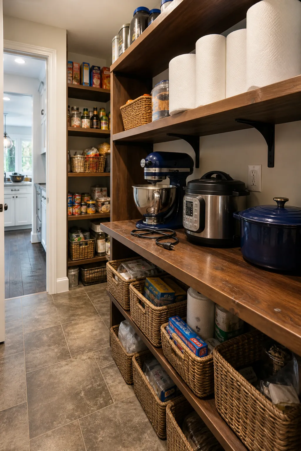 Dedicated deep appliance shelf inside a practical walk in pantry