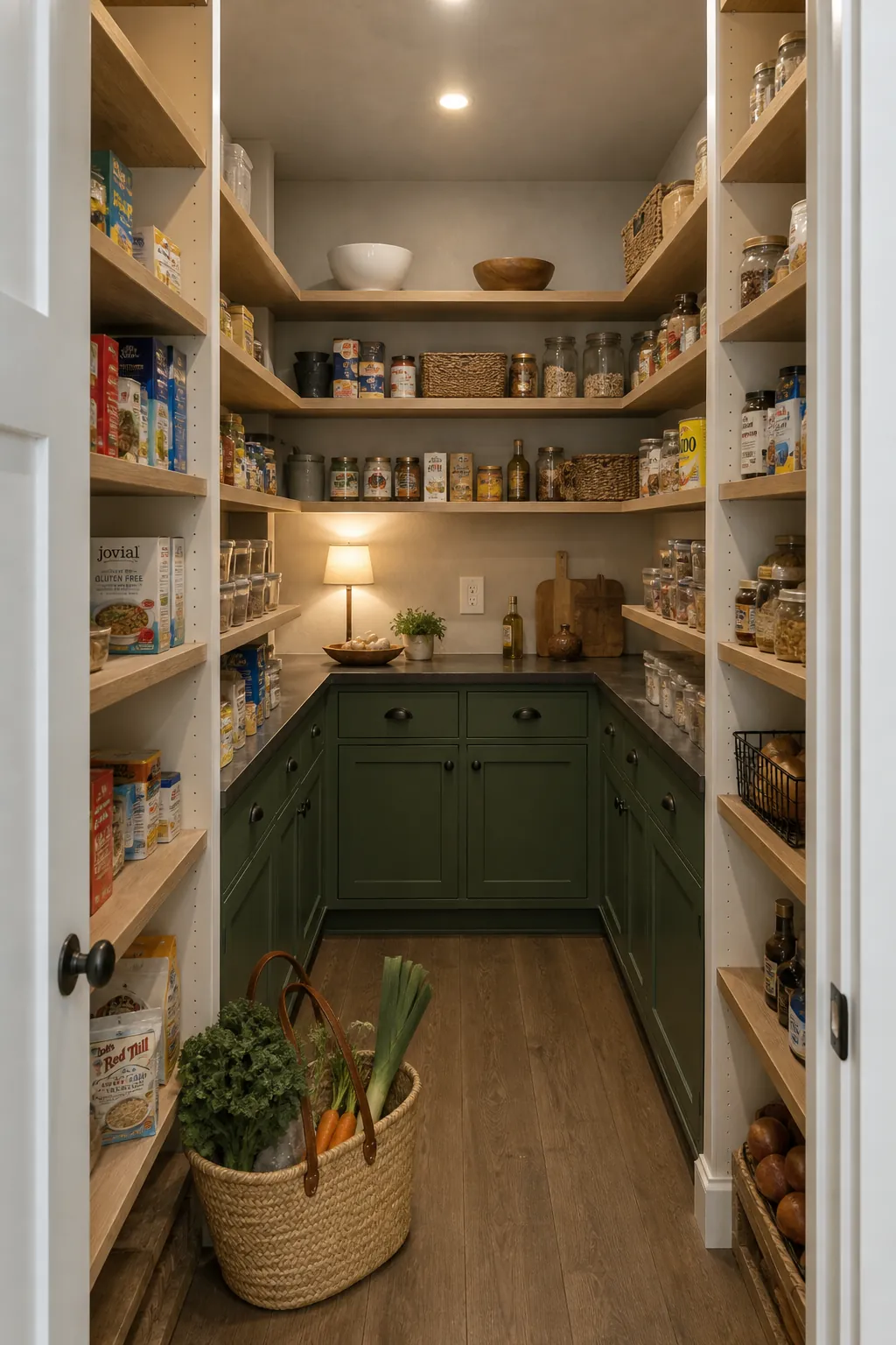 Spacious U shaped walk in pantry with mixed depth shelving