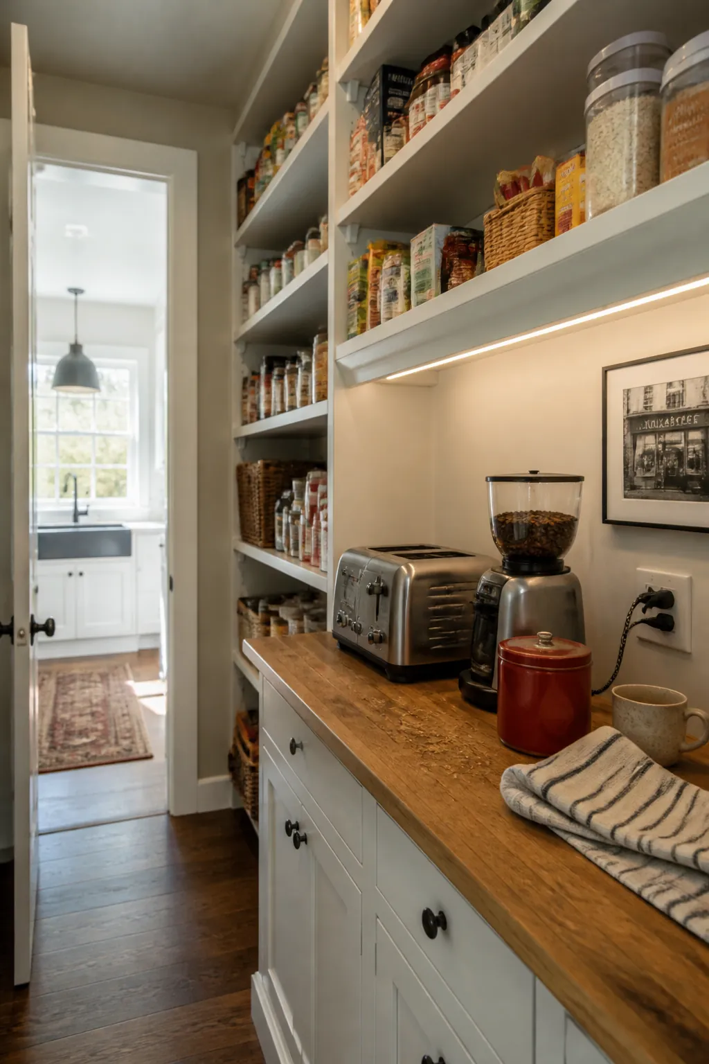 Walk in pantry counter with neatly arranged small appliances