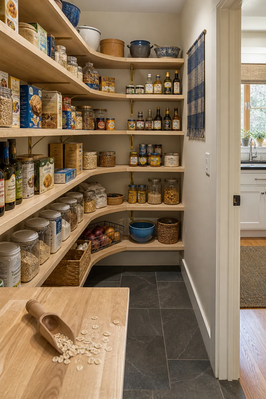 L shaped walk in pantry shelving with an accessible corner