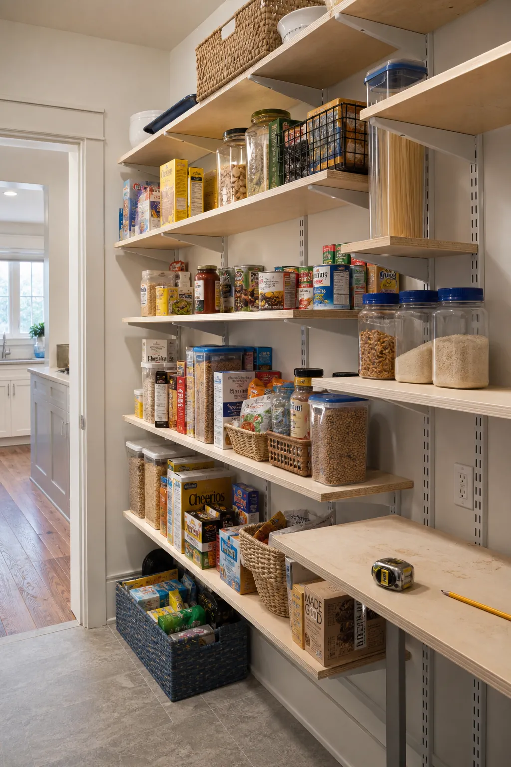 Adjustable pantry shelving fitted to different package heights