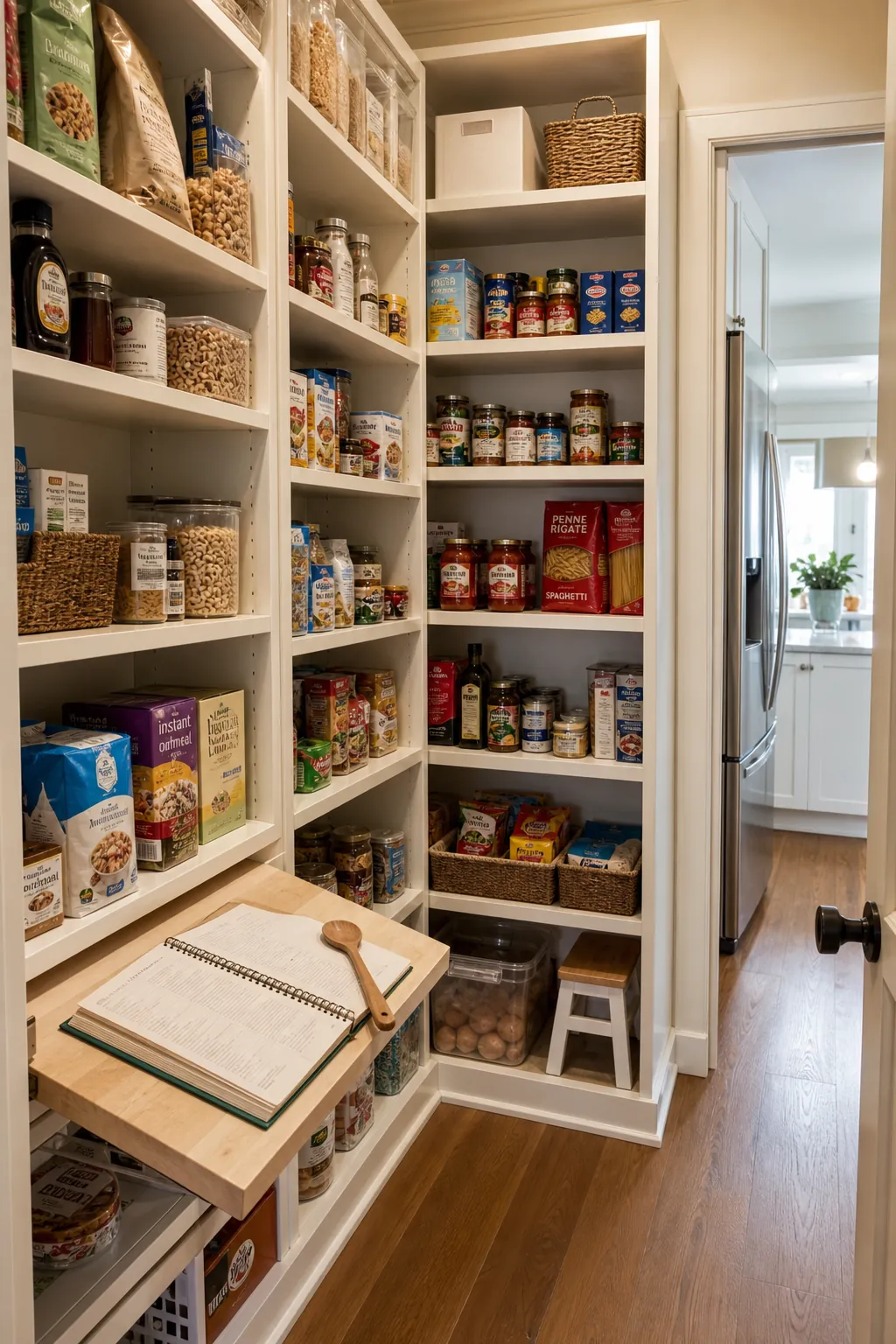 Organized walk in pantry grouped into practical cooking zones