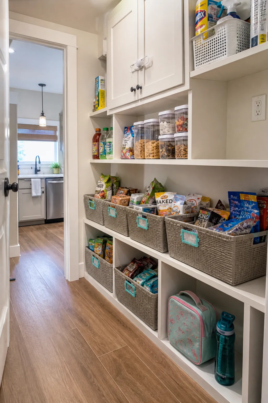 Family friendly pantry snack station with safe low storage