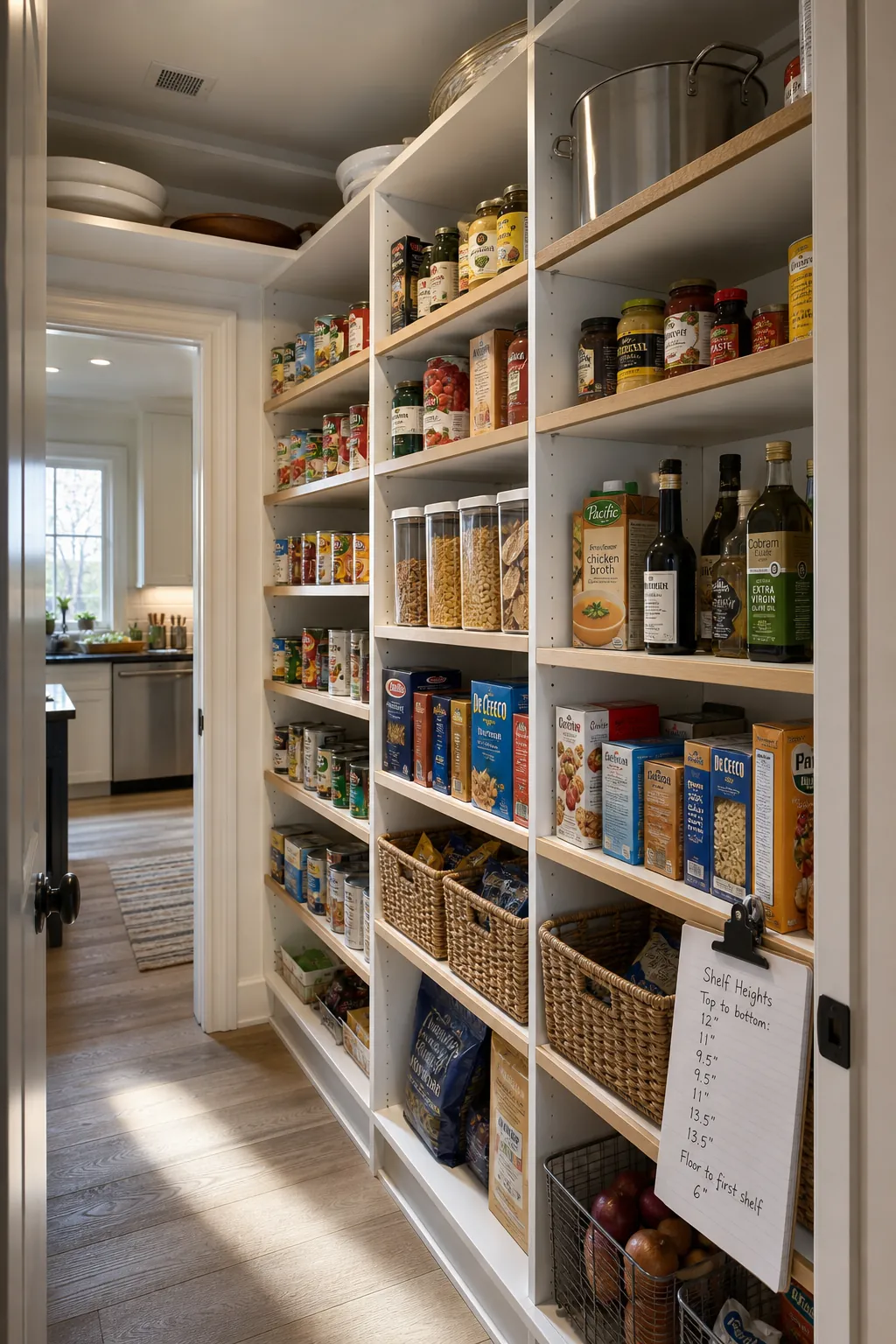 Pantry shelves spaced for cans jars cereal and bottles