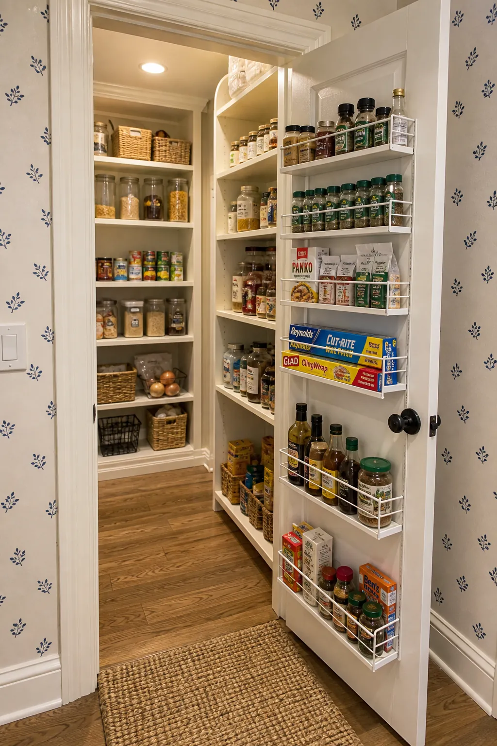 Slim storage rack mounted inside a walk in pantry door
